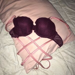 Pink/purple lace bra with crisscross straps